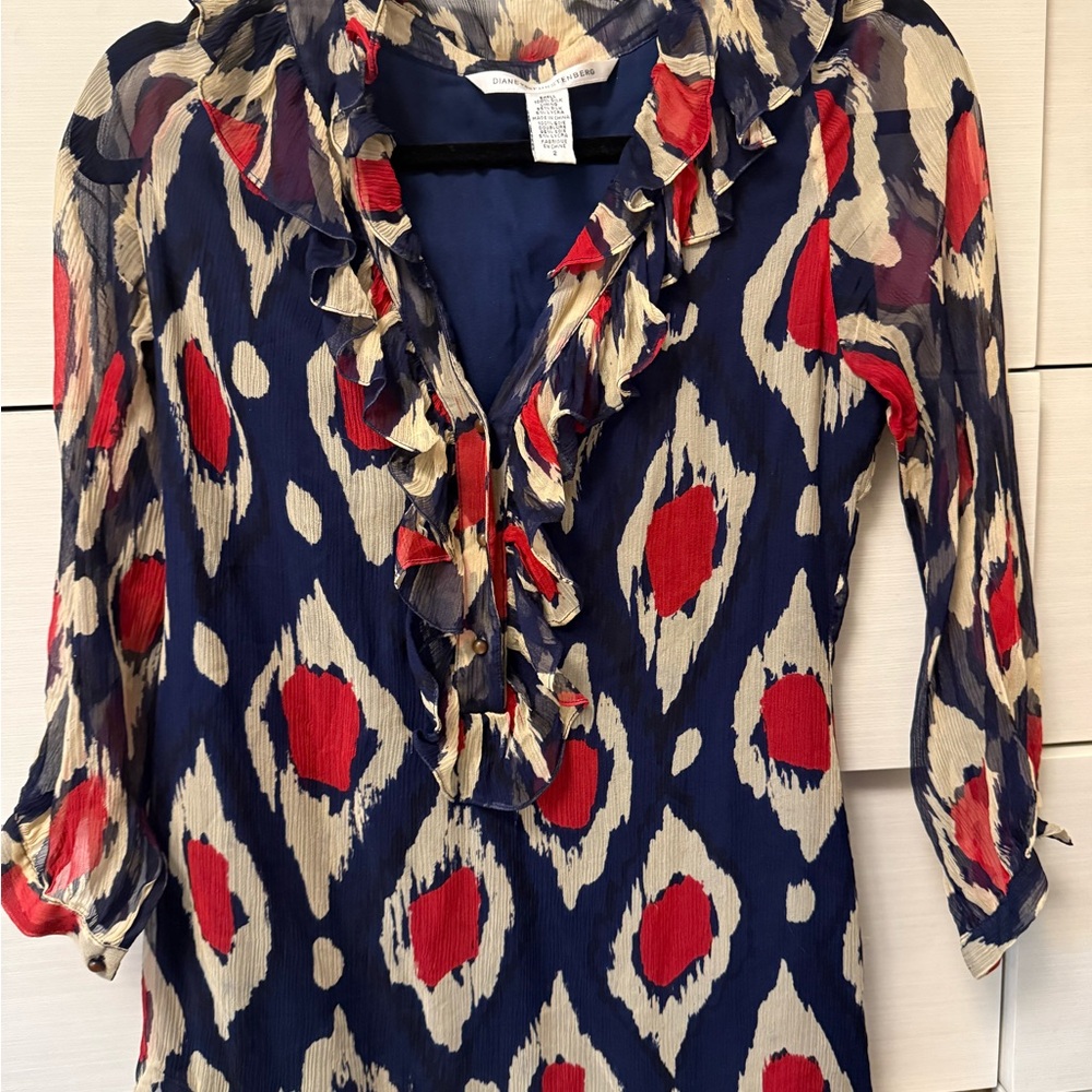 Diane Von Furstenberg Navy and Red Patterned Blouse